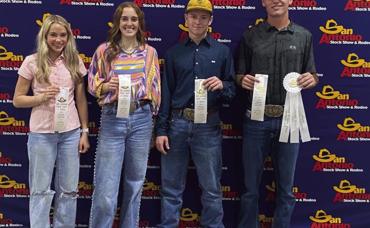 The Menard Wool judging team was the top placing 4-H team at the recent San Antonio Livestock Show Contest; FFA teams took 1 and 2. The team of (l to r) Taytum Chambless, Makenzie Wright, Kade Bannowsky and Cado Bannowsky placed third overall in a tough contest. There were 40 teams total and 115 contestants. The Menard Wool and Mohair team is coached by Jason Bannowsky. Courtesy photo.