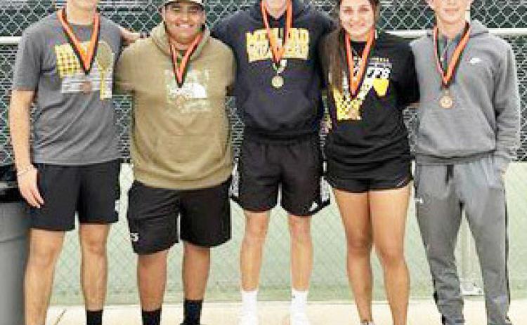 MHS tennis competed at the Llano tournament on Wednesday last week. Pictured above, left to right-Cado Bannowsky and Zeke Hernandez, third in boys doubles; Wyatt Terrell, first boys singles; Makinely Kothmann and Logan Powell, third in mixed doubles.