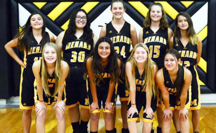 The 7th and 8th graders of the Menard Junior High girls basketball team had an excellent season, remaining unbeaten in district play. The team plaque has not yet arrived. Pictured, bottom row, left to right: Kaitlyn Whitaker, Lauren Guerrero, Aspen Hutchison, Kyra Gonzales. Back row: Sabri Zamora, Aliah Saiz, Makenzie Compton, Kotie Baugh, and Lorilei White.