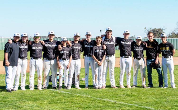 THE MHS 2024 BASEBALL TEAM is fresh off their their first win of the season, and they look forward to their home tournament this week. Picyured left to right: Coach William Barker, Brooks Spinks, Eli Kothmann, Jimmy Morris, Brayden Ramon, Jadon Torres, Bryce Davis, Jaeger Leonard, Aidan Ramon, Brandon Spinks, Hunter Whitaker, Tucker Pullen, Coach Tyler Ross. Nora Davis, photo.