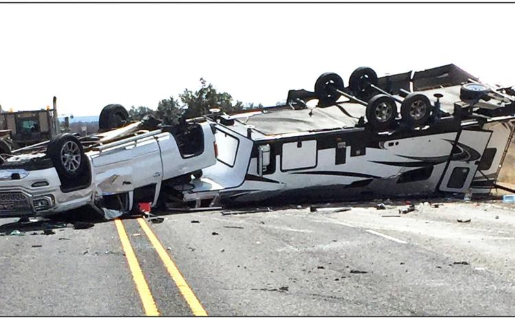 A half-ton pickup towing a fifth-wheel trailer lost control and flipped across the Highway 83 N roadway on Thursday, March 3, 2022. Speed was listed as a factor. No injuries were reported. Photo courtesy Menard County Sheriff’s Office.