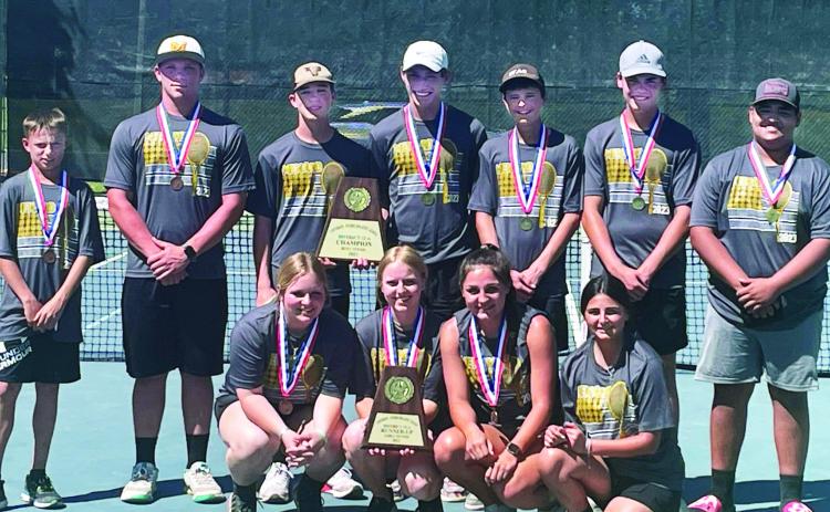 MHS TENNIS STARS- District runners up Lady Jackets pictured in the front row, left to right: Mackenzie Wagner, Addy Bannowsky, Makinley Kothmann, Lauren Guerrero. Boys District Champs back row, left to right: Jaegar Leonard, Brandon Spinks, Logan Powell, Wyatt Terrell, Roy Brown, Cado Bannowsky, Zeke Hernandez. Courtesy photo.