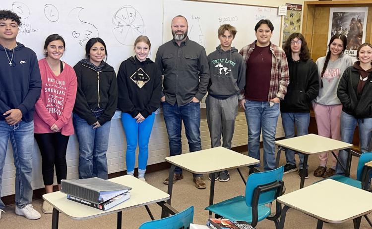A high school government class got a one-on-one visit with Texas State House Rep. Wes Virdell, who explained some processes of local and state government. Pictured are students Jayden Payton, Lauren Guerrero, Kylie Ibarra, Kaitlyn Whitaker, Rep. Virdell, Jaegar Leonard, Tristan Wilson, Dominic Hunter, Harlie Castleberry, Joslynn Quintero. Courtesy photo.