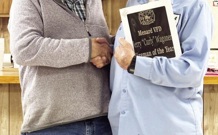 Long time dedicated Menard Volunteer Fireman Curly Wagoner, right, was recently presented with the 2023 MVFD Firefighter of the Year award. Wagoner has served the department for 32 years. Presenting the honor is MVFD President Skeet Rogers, pictured left. Thank you, Curly, for your dedicated service! Photo provided by MVFD.