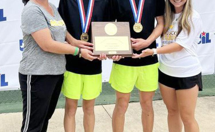 MHS RACKETEERS Roy Brown and Wyatt Terrellclaimed their state championship on Wednesday. Pictured left to right is coach Cristy Sirls, Brown, Terrell, coach Toone. Courtesy photo.