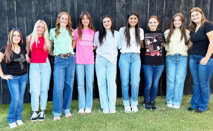 HOMECOMING COURT- Menard High School Band Sweetheart and Football Queen candidates have been announced. Winners will be crowned next Friday, Sept. 25, 2026 at halftime of the Yellowjackets v. Paint Rock game. Pictured left to right: Lilly Squiers (Band), Taytum Chambless (FB), Makenzie Wright (FB), Danni Ruiz (FB), Sabri Zamora (FB), Aubree Hernandez (FB), Kailey Morris (Band), Claire Corbin (Band), Kylee Sommerville (Band). Courtesy photo.