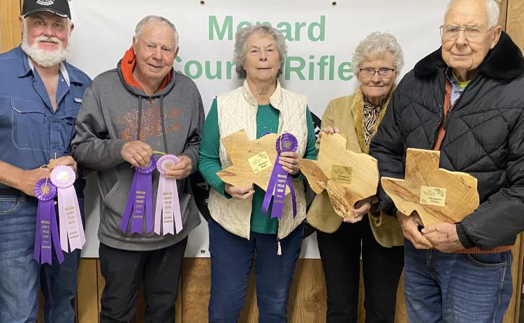 ABOVE- The 2025 Menard County Pecan Show was held on December 16 at the Murchison/ Whitehead Memorial Youth Complex. After all 31 samples were judged, Kniffens swept the grands and reserves. Pictured above are Barry Kniffen, Novice Kniffen, Ann Kniffen, Katherine Kniffen, and John Kniffen. Billy and Mary Kniffen received honors, as well, but were not pictured. Courtesy Photo.