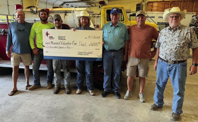 As fires flare, Menard Farm Bureau steps up with monetary support. L to R: Bruce Hough, MVFD; Quinton Shumard, MVFD; Tyler Wagner, Fire Chief MVFD; Cody Swindall, Farm Bureau Board President; Walden Hillert, Farm Bureau; Tyson Roll, Farm Bureau; Skeet Rogers, MVFD. Courtesy Photo.