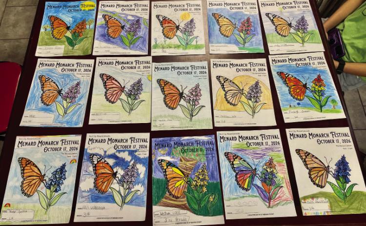 Check out the Menard Monarch Festival Coloring Contest entries on display at the post office. Courtesy Photo.