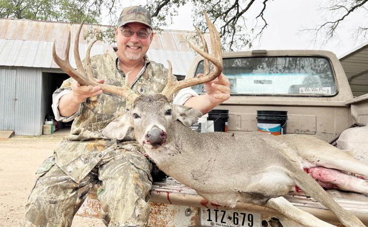 Greg Buttry, Ft. Worth friend of Gregory Napier,harvested this nice 10 point buck off Napier’s ranch in northeast Menard County. The buck’s B&amp;C green score was 152-2/8”. Greg Napier, photo.