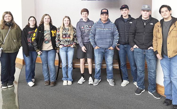 Leadership Conference attendees, left to right: Khloe McCaffery, Lundann Jackson, Kasey McCollom, Kaitlyn Whitaker, Bryce Davis, Zeke Hernandez, Cado Bannowsky, Tate Wagner, Tristan Wilson. Photo courtesy Menard High School.