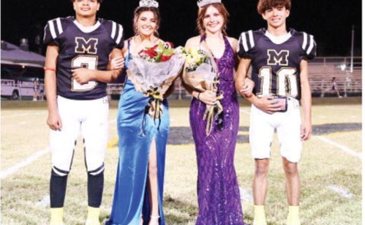 HOMECOMING ROYALTY was crowned Friday night's football game. Pictured is Band Sweetheart Lauren Guerrero with her escort Jayden Payton, and Football Queen Sabri Zamora with Julius Zamora. Denisse Crisp, photo.