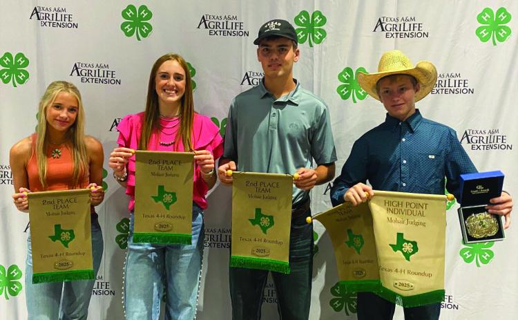 TEXTILE TEAM (l to r) Taytum Chambless, Makenzie Wright, Cado Bannowsky, and Kade Bannowsky made up the Menard 4-H Wool and Mohair judging and team placed 2nd overall in Mohair contest and 4th overall in the Wool at state roundup. The team qualified to advance to the National Wool Judging Contest in October. Courtesy Photo.