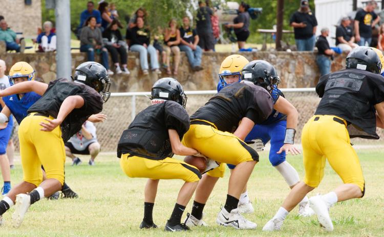 ABOVE- Roy Brown takes the snap from Brandon Spinks during the Menard/Rochelle scrimmage last Friday.