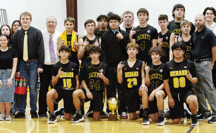 DIST. 12 REGION 2 BASKETBALL CHAMPIONS- Kneeling, left to right: Maddox Saiz, Julius Zamora, Marlee Salas, Brayden Ramon, Dario Gonzales. Managers, left: Kathryn Hebert, Lundann Jackson, Izabella Morales, Cade Corbin. Back row standing: Coach Jeffrey Campbell, Jaegar Leonard, Logan Powell, J.P. Payton, Jared Ruiz, Tate Wagner, Colby Powell, Eli Weatherly, Aidan Ramon, Mack Davis, coach Doug Weatherly, coach Conner Dawson. See story on page 8. Nora Davis, photo.