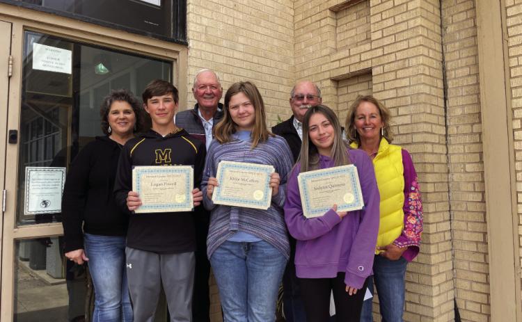 ESSAY EXPERTS- Senior Division Essay Winners- (age 14-18) front row l to r: Logan Powell, 1st place; Khloe McCaffery, 2nd place; and Joslynn Quintero, 3rd place. Back row l to r: Water District representatives Lydia Damon and Sheridan Duncan with SWCD representatives J.W. Jennings, and Susie Lyckman. Courtesy photo.