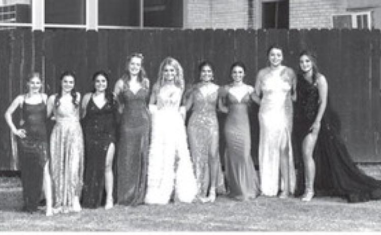 BAND SWEETHEART AND FOOTBALL QUEEN CANDIDATES: ( l to r) Kaitlyn Whitaker, Sabri Zamora, Cozette Halley, Korah Mayfield, Ileana Baker, Hailey Ruiz, Zoe Castleberry, Makinley Kothmann. Nora Davis Photo.