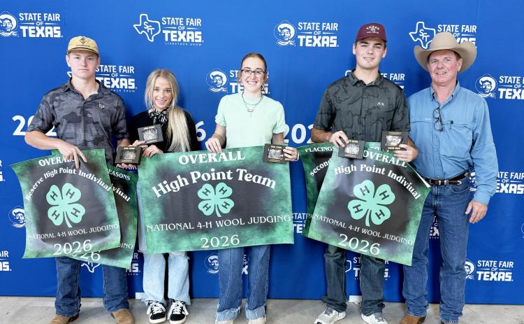 NATIONAL CHAMPIONS! Menard County 4-H’s Wool Judging team travelled to Dallas this weekend to compete at the national contest, held this year at the State Fair of Texas. Menard earned overall high point team for the national title and also boasts the overall high point and reserve high point individuals. Pictured left to right: Kade Bannowsky (reserve high point indv.), Taytum Chambless, Makenzie Wright, Cado Bannowsky (high point indv.) and judging coach Jason Bannowsky. Courtesy photo.