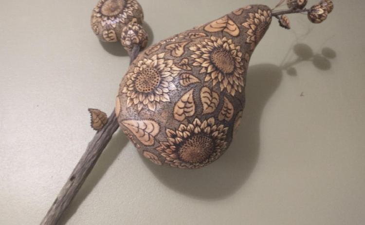 “Sunflowers in Bloom,” pictured above, is just one of the many pieces local, award winning, gourd artist Marcy Holmes-Wheeler created and will have on display in Fredericksburg. Courtesy Photo.