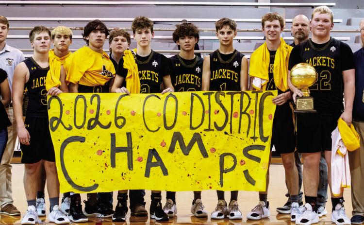 DISTRICT CO-CHAMPS left to right: Kailey Morris (manager), coach Spencer Morris, Mack Davis, Maddox Saiz, Marlee Salas, Korbin Squiers, Eli Weatherly, Julius Zamora, Jaegar Leonard, Bryce Da- vis, coach Doug Weatherly, Tate Wagner, head coach Je Camp bell. Nora Davis, photo.