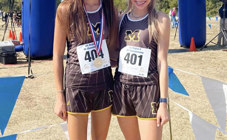 MOVIN' ON- Sophomore Danni Ruiz, left, and freshman Taytum Chambless, right, have both qualified to compete in the state cross country meet in Round Rock on November 2. Ruiz placed second at the regional meet and Chambless was thirteenth. Way to work, girls, and good luck at state! Courtesy photo.