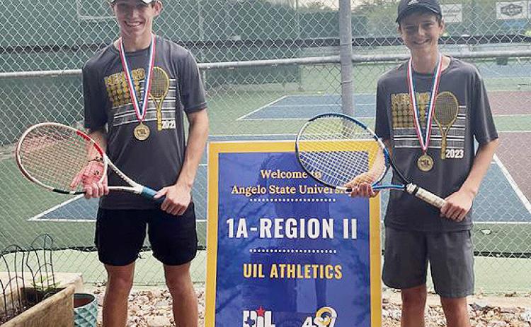 GOLD MEDAL WINNERS- of the 1A Region II boys doubles tennis tournament are junior Wyatt Terrell (left) and senior Roy Brown (right). The pair took out a duo from Crowell 6-0 and 6-0 in two matches, propelling the Jacket team to the state tournament to be held April 25-26 in San Antonio. Menard tennis is coaches by Cristy Sirls. Courtesy photo.