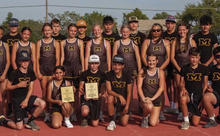 JUNIOR HIGH TRACK CHAMPS- Both girls and boys earned district track and field champions last week. Pictured kneeling (l-r): Kallan Wright, Tonya Resindez, O'Dan Wright, Greyson Valdez, Claire Corbin, Karson Mayfield, Jose Gonzales. Middle: Nayeli Hernandez, Kelsey Aguirre, Channing Chambless, Aerie Meddaugh, Caitlyn Burch, Stori Halley, Rylee Graham, Kate Baker. Back: Hayden Quintero, River Salas, Mason Mireles, Easton Sanchez, Dawson Nicholas, Andon Castleberry, Ian Brown. Nora Davis, photo.