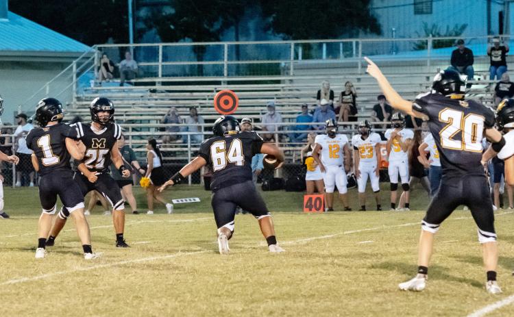CLEAR THE WAY- Senior Zeke Hernandez, #64, moved the Jackets 9-yds closer to the end zone-after his interception during Menard's 57-25 win over the Blanket Tigers last Friday. Ashton Martin (1), Cado Bannowsky (25) and Bryce Davis (20) cheer him on. The Jackets, now 1-0, travel to Rochelle Friday for a 7:30 p.m. kickoff. See more photos on our Jacket Backers page, page 8. Nora Davis, photo.