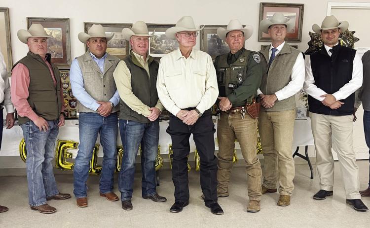 ABOVE- A bevy of supporters, including the group of Texas Rangers pictured with Sheriff Miller, were on hand in January to honor Miller and his 50-years of law enforcement service. Miller is pictured center with current Sheriff Burl Hagler to the right of him. Courtesy photo.