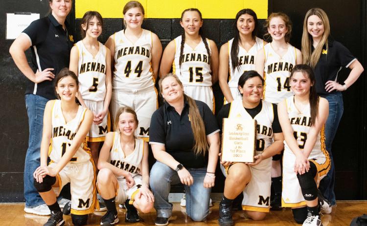 MENARD JUNIOR HIGH LADY JUNIOR JACKETS ARE DISTRICT CHAMPS! Front row, L-R: Lorelei White, Tatum Chambless, Coach Nancy Saller, Ella Losoya, Sabri Zamora. Back: Coach Samantha Bell, Dani Ruiz, Kylee Sommerville, Perla Pecina, Aubree Hernandez, Makenzie Wright, Coach Kirsten Allen Toone. Students are 7th and 8th graders. Nora Davis, photo.