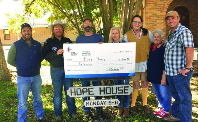 GIVING BACK- Farm Bureau donated $500 to the Hope House, the Menard food pantry that feeds almost 200 Menard area families per month. Pictured (l to r): Zach Nash, Farm Bureau agent; Cody Swindall, Farm Bureau Board of Directors; John Pollard, Hope House; Melanie Cruz, Hope House; Beverly Malcolm, Hope House; Louise Whitson, First Methodist Church; Tyson Roll, Farm Bureau Board of Directors. Courtesy photo.