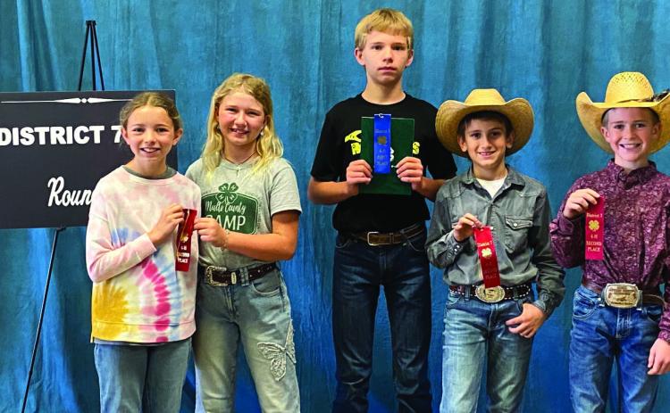 Menard County 4-H Members put their public speaking skills on display last week at the District 7 4-H Round Up Competition in San Angelo and came out on top! Members with placing (l to r) Saydee Meadow and Daphne Mews-2nd place-Ag and Natural Resources Category – “How to ID Plants”; Roy Mews-1st Place – STEM Category – “How Generators Work”; George Corbin and Gus Wright-2nd Place – Sheep and Goat Category – “Sheep vs Goats.” Courtesy Photo.