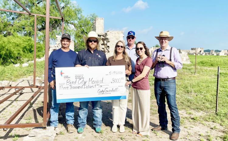 BIRD CITY PROGRESS- Farm Bureau recently invested in the conservation and preservation of Menard County's birding community with a $3,000 donation to Bird City Menard. Pictured are Farm Bureau's Lewis Baker and Cody Swindall; BCM's Linda Ray Myers; FB's Walden Hillert; BCM's Sarah Thigpen and Mark Wilson. Courtesy photo.