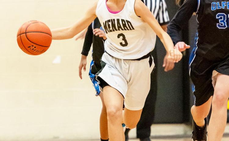 RIGHT- Seventh grader Shelby Compton works the ball down the court in a junior high win over Olfen. Nora Davis, photo.
