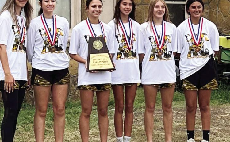 DISTRICT CHAMPS- The district champion Lady Jacket cross country team had 3 runners PR and all place in the top 10. The team is Regional-bound. Pictured are, left to right: Mackenzie Compton, Kendal Lawler, Hailey Ruiz, Danni Ruiz, Kaitlyn Whitaker, Lauren Guerrero. Courtesy photo.