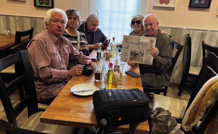 The Menard News returns to Spain: Terry Kelley (featured r to l) recently enjoyed catching up on The Menard News with Carmen and Juan Terreros (honorary citizens of Menard), and Diana and Santos Gonzales before heading to the train station to go to Sarria, Spain for the Camino start. Courtesy photo.