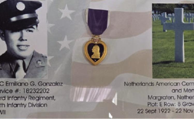 ABOVE- PFC Gonzales's service photo, Purple Heart and final resting place at the Netherlands American Cemetery. Courtesy photo.