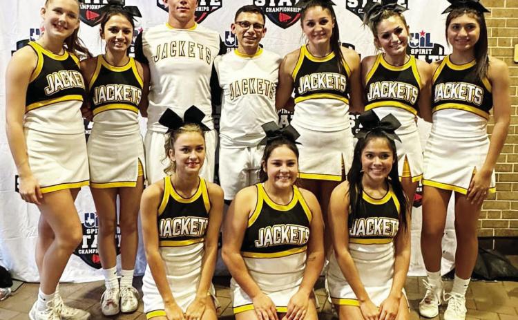 SIXTH PLACE IN THE STATE- MHS cheer squad made a great showing at their first ever appearance at the state UIL Spirit competition earlier this month. Squad members are pictured above. Left to righ, kneeling: Lorelei White, Tatum Ruiz, Ileana Baker. Back row: Cozette Halley, Hailey Ruiz, Brandon Spinks, Kevin Johnson, Makinley Kothmann, Korah Mayfield, Aubree Hernandez. Courtesy photo.