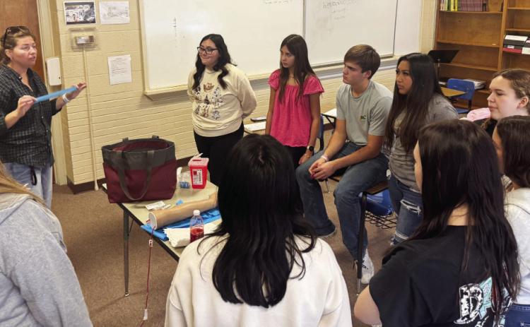 Menard High School Health Club members participated in a phlebotomy lesson courtesy Frontera Healthcare and the Texas A&amp;M Rural Health Initiative. Pictured face-forward, left to right: Lauren Morgan, instructor; students Aliah Saiz, Danni Ruiz, Cado Bannowsky, Nadia Garcia, Kasey McCollom. Facing away, left to right: Izabella Morales, Lorelei White, Lundann Jackson, Kathryn Hebert. Courtesy photo.