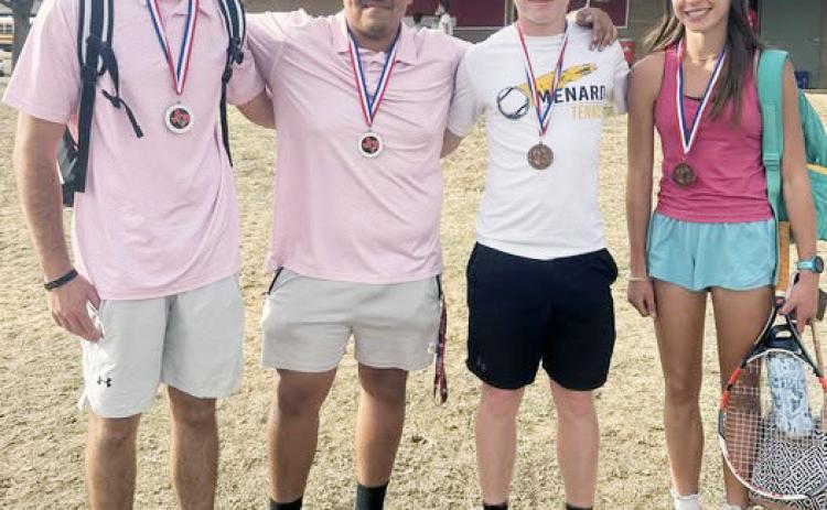 These MHS tennis players had a good day at the Fredericksburg meet last week. Cado Bannowsky (far left) and Zeke Hernandez were first place in the boys doubles. Cado and Zeke are the 2025 boys state doubles silver medalists. Kade Bannowsky and Danni Ruiz were third in mixed doubles. Courtesy photo.