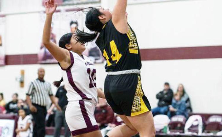 ONE OF MANY- Lady Jacket Tatum Ruiz, a junior, goes up for two in Menard's 82-25 win over Paint Rock on Tuesday. Sandy Kothmann, photo.