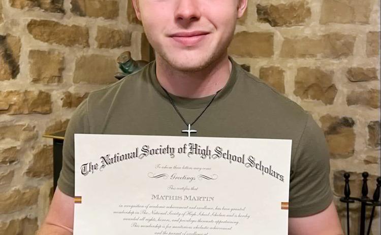 Menard senior Mathis Martin, pictured above, was recently selected to become a member of the National Society of High School Scholars (NSHSS). The Society recognizes top scholars who have demonstrated outstanding leadership, scholarship, and community commitment. Mathis is the son of Ashly and Meredith Martin of Hext. Courtesy photo.