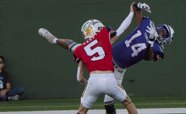 TAKING THE FIELD ONE LAST TIME- 2026 MHS graduate, Bryce Davis (5), defends the pass during the invitational Texas Six-Man East Vs. West All-Star game held June 19, 2026 at Midwestern State University. Nora Davis photo.