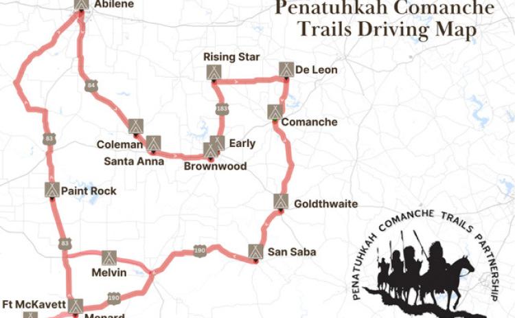 BELOW- The Penatuhkah Comanche Trail Partnership has provided a driving map to enable enthusiasts to experience the Trail. Current recorded markers can be found in Brownwood/Brown County, Comanche, De Leon, Goldthwaite, Paint Rock, Santa Anna and San Saba. New markers are being added and PCTP plans to have a comprehensive map available soon. Courtesy image.