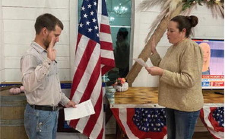 Paul Mews was sworn in as a Republican Party Precinct Chair by Justice of the Peace, Stacy Lawler, at the Republican Party gathering on Election night, November 5. Courtesy Photo.