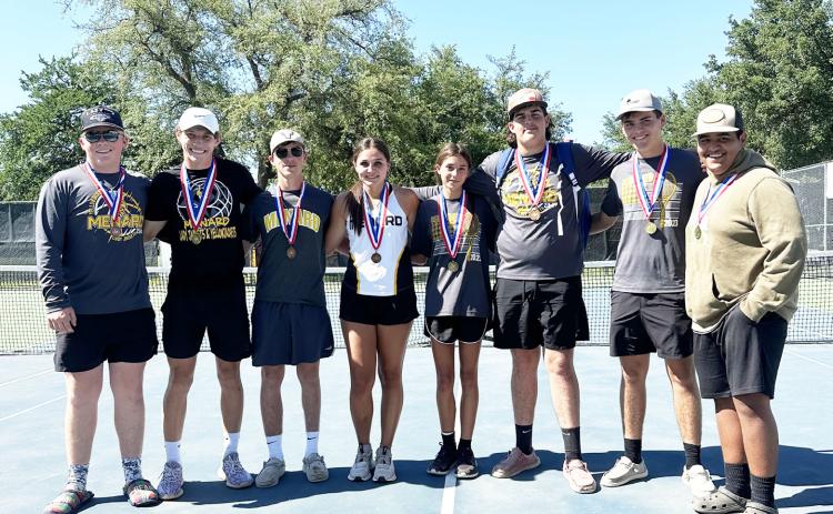 MORE DISTRICT CHAMPS- MHS tennis was well-represented at the District 12 meet this week with several championships and placings. Pictured left to right: Tate Wagner, Wyatt Terrell, Logan Powell, Makinley Kothmann, Danni Ruiz, Aidan Ramon, Cado Bannowsky, Zeke Hernandez. Courtesy photo.