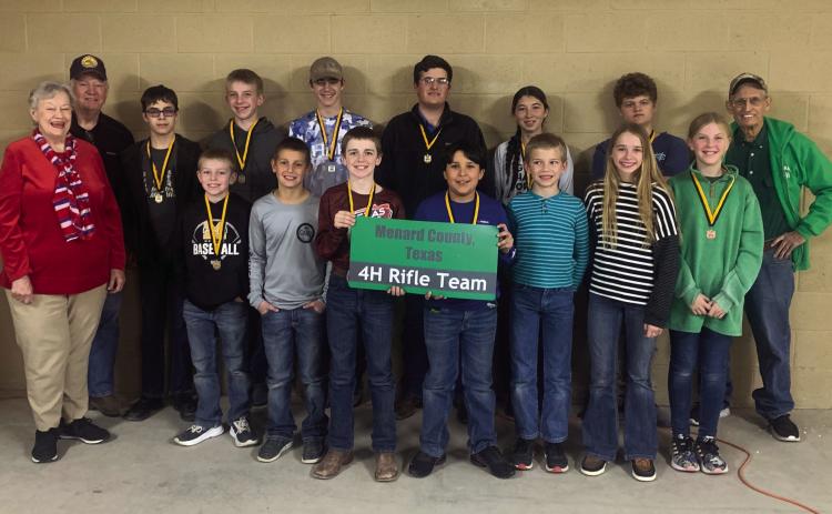 STRAIGHT SHOOTERS- Menard County 4H Rifle team began the season with the district match in January. Pictured above left to right, front row: O’Dan Wright, Logan Kumato, Kallan Wright, Trevor Mazac, Roy Mews, Tatum Chambless, Caitlyn Burch. Second row: Mrs. Betty Jackson, coach Terry Kelley, Jackson Thigpen, Benjamin Burch, Wesley Compton, Larkin Loeffler, Mia Estrada, Maddock Murr, coach David Hand. TMN photo.