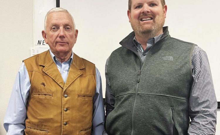 Menard Business Association President Michael 'Buck' Bostwick, left, helped welcome Dist. 53 Republican candidate Hatch Smith, right, to the association's weekly meeting last week. Smith's opponent on the primary ballot, Wesley Virdell, will be at the luncheon this week. TMN photo.