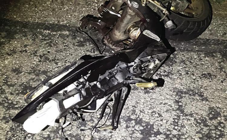 Not much remains of the front half of the performance/ sport bike that collided head on with a truck and trailer last Friday, April 11 north of Menard on US 83. The unidentifi ed male driver was pronounced dead at the scene. Photo courtesy MCSO.
