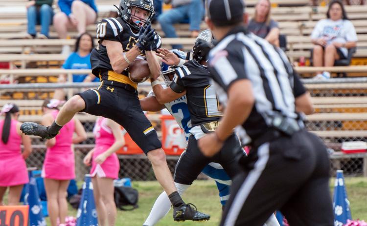 BRYCE DAVIS rustles up some trouble for a Nueces Canyon player last Friday at home.